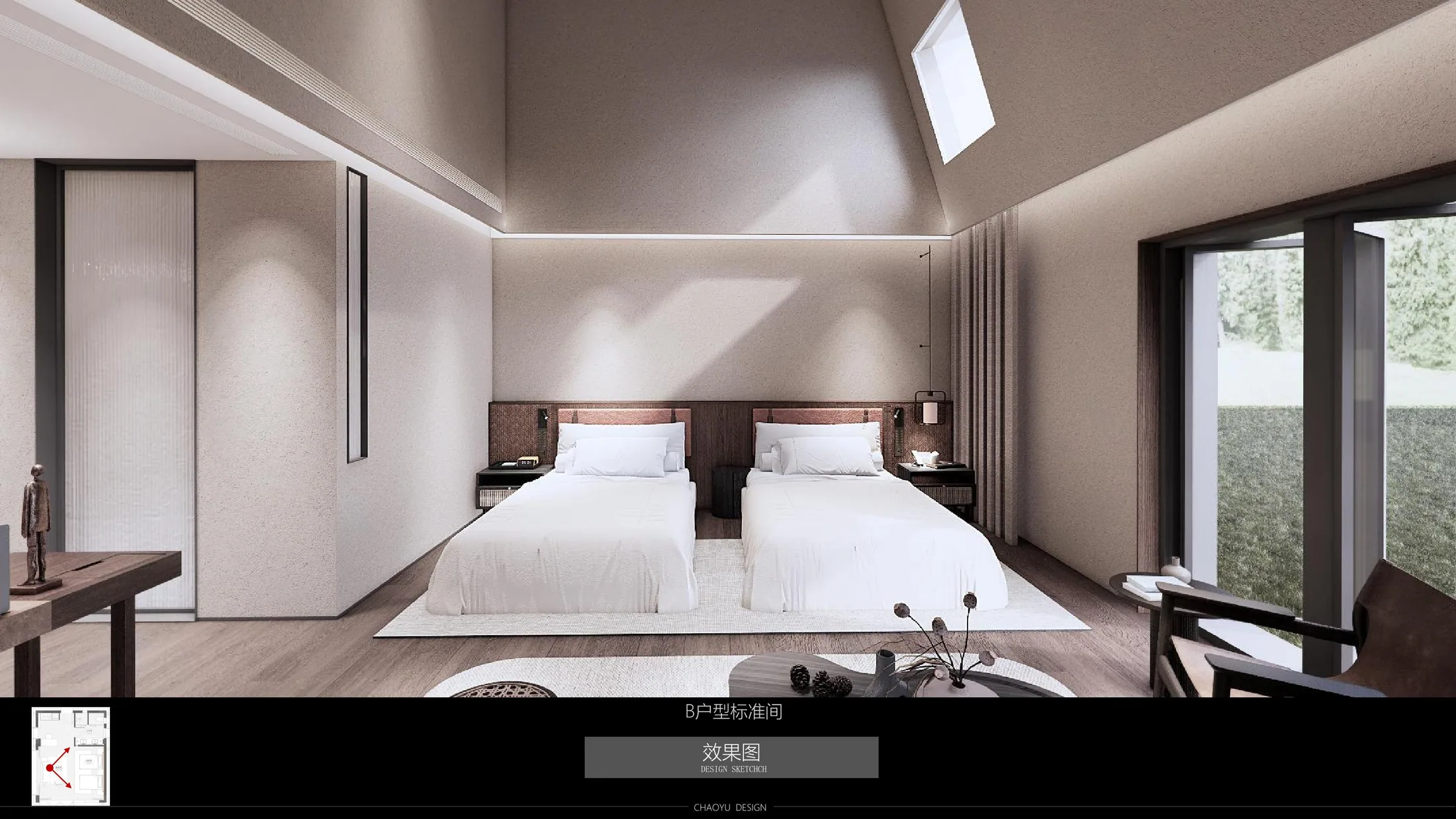 B 房型双床房设计效果图
